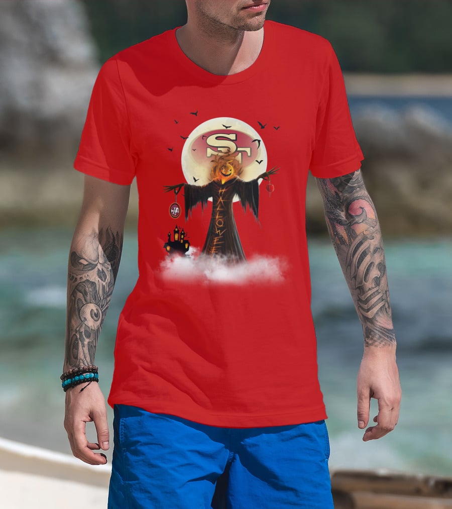 Halloween Scarecrow With Sf Logo And Haunted Castle T-Shirt