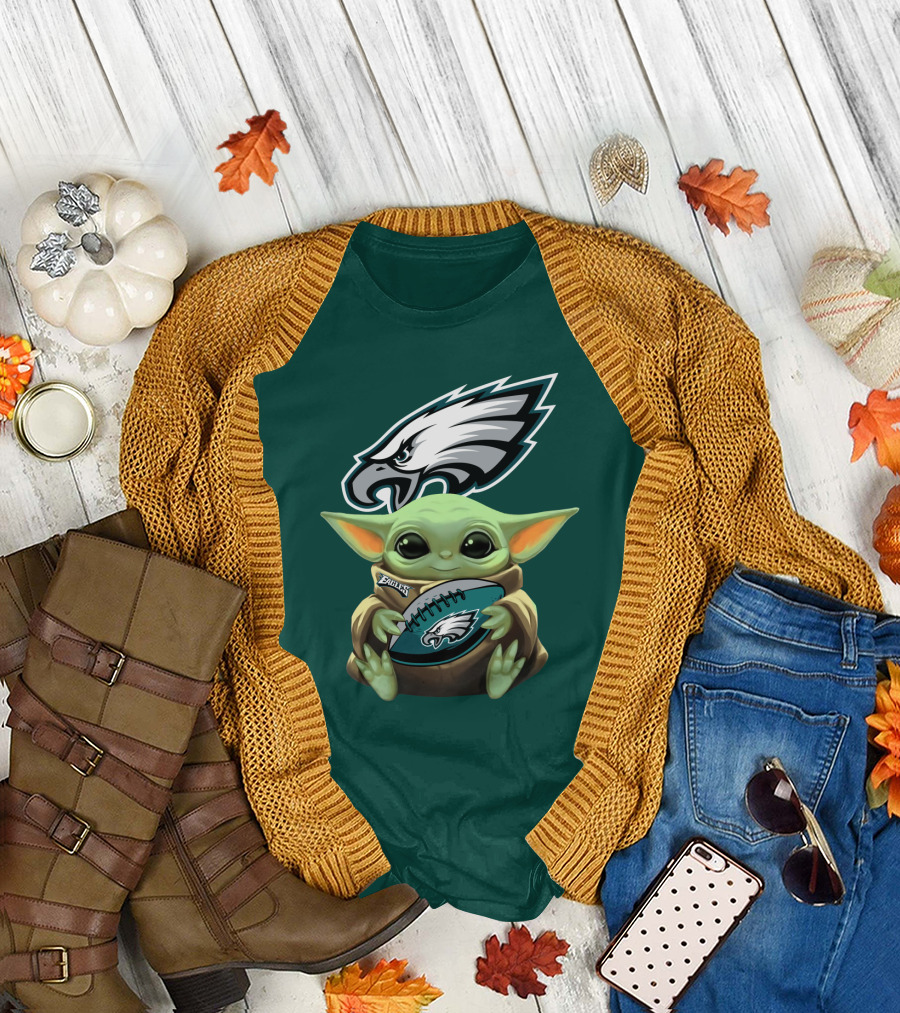 Baby Yoda Holding Philadelphia Eagles Football T-Shirt