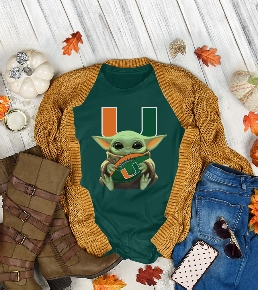 Miami Hurricanes Baby Yoda Football T-Shirt
