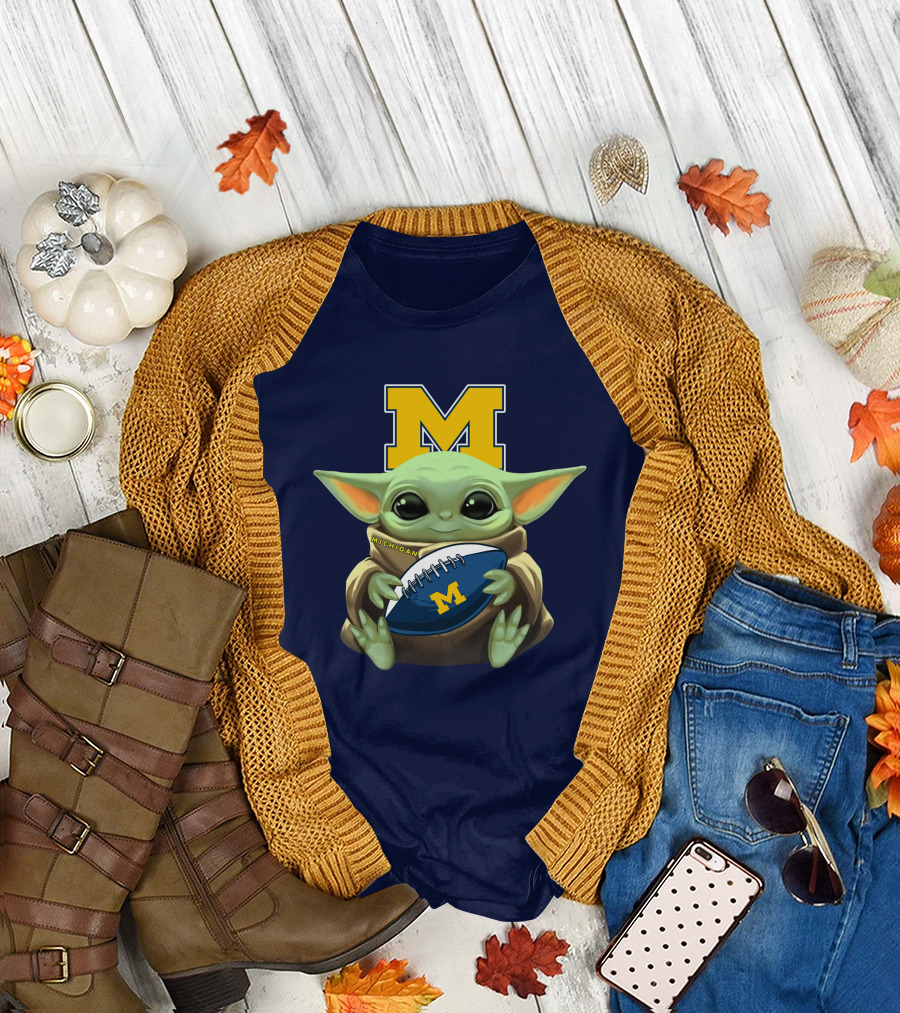 Michigan Baby Yoda Holding Football T-Shirt