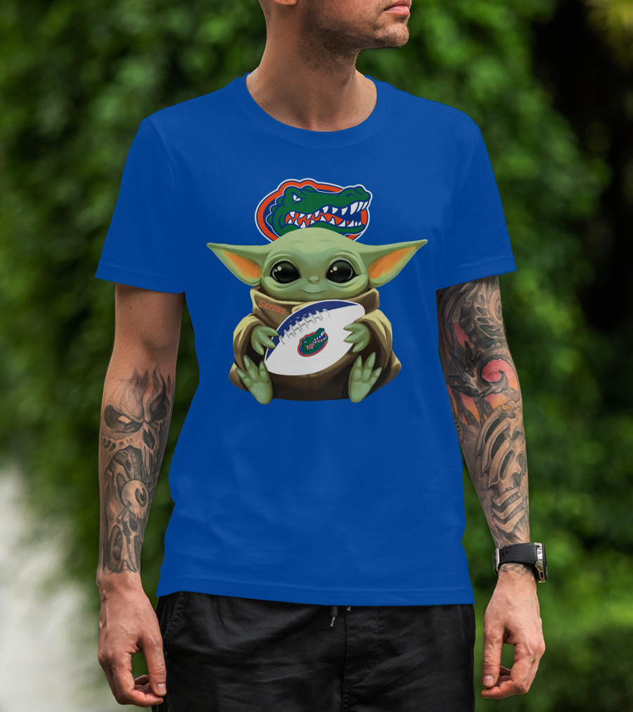 Baby Yoda Holding Football With Gators Logo T-Shirt