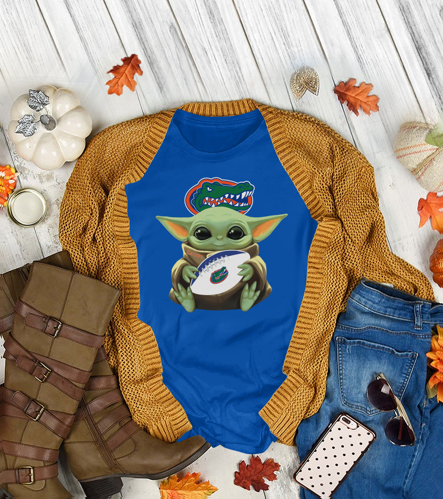 Baby Yoda Holding Football With Gators Logo T-Shirt