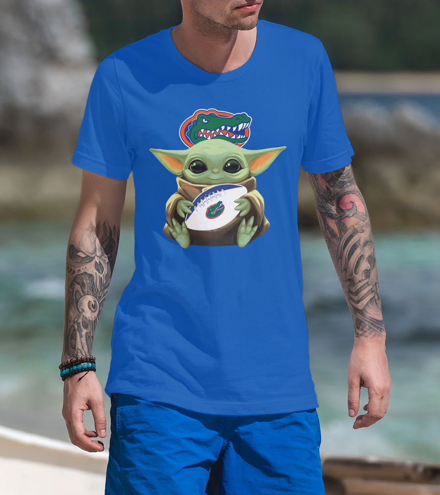 Baby Yoda Holding Football With Gators Logo T-Shirt