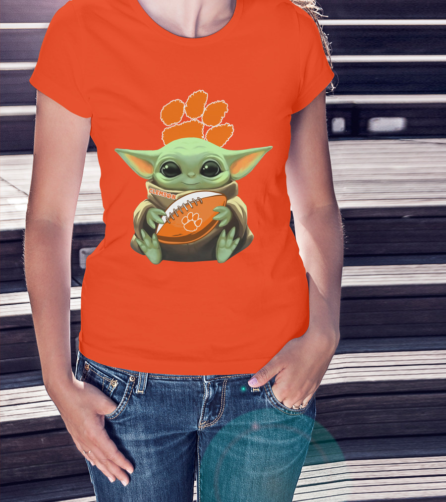 Clemson Orange Paw Baby Yoda Football T-Shirt