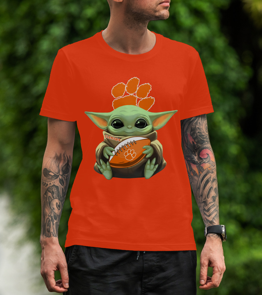 Clemson Orange Paw Baby Yoda Football T-Shirt