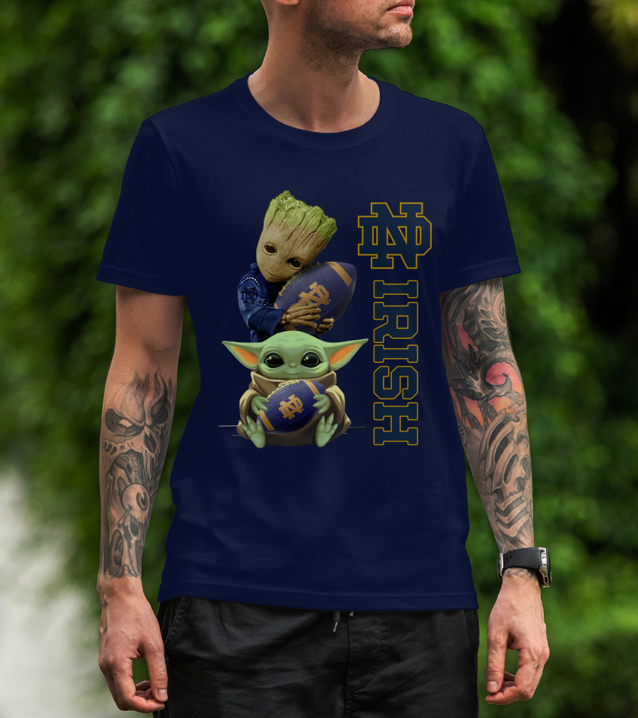 Notre Dame Irish Baby Groot And Baby Yoda Football T-Shirt