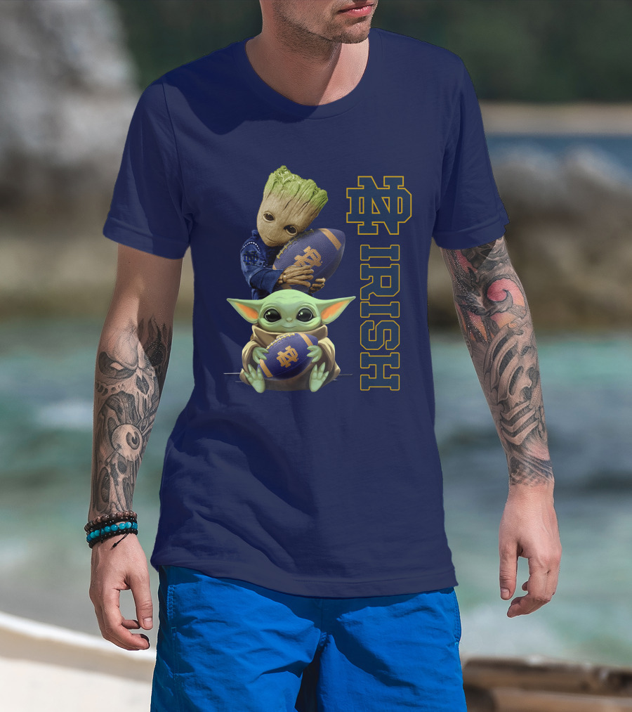 Notre Dame Irish Baby Groot And Baby Yoda Football T-Shirt