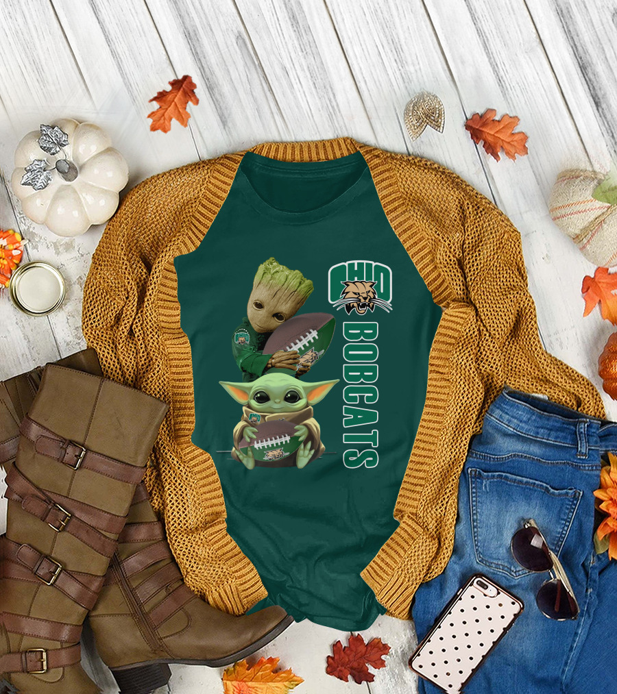 Ohio Bobcats Grogu And Groot Football T-Shirt