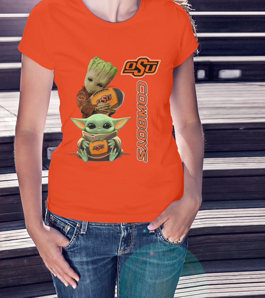 Osu Cowboys Groot And Baby Yoda Hugging Football T-Shirt