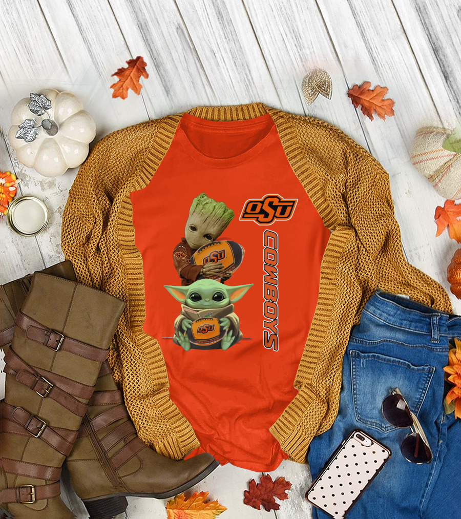 Osu Cowboys Groot And Baby Yoda Hugging Football T-Shirt