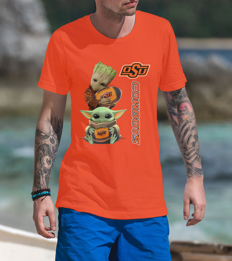 Osu Cowboys Groot And Baby Yoda Hugging Football T-Shirt