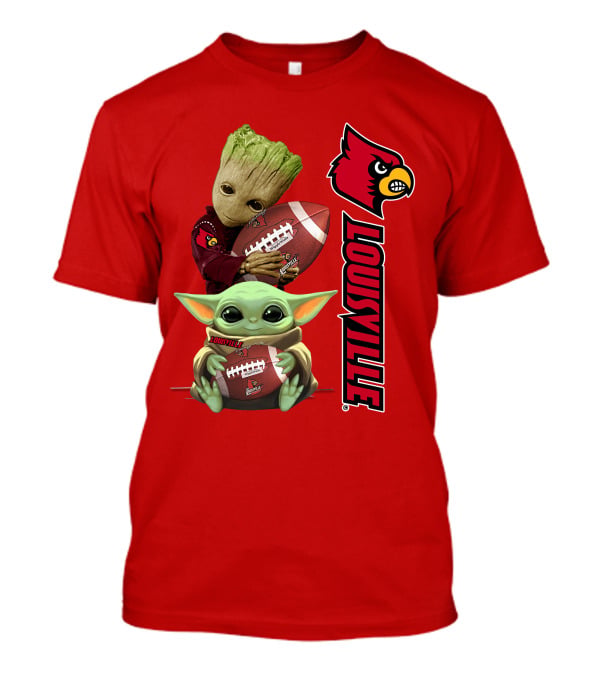 Groot Baby Yoda Holding Football Louisville Cardinals T-Shirt
