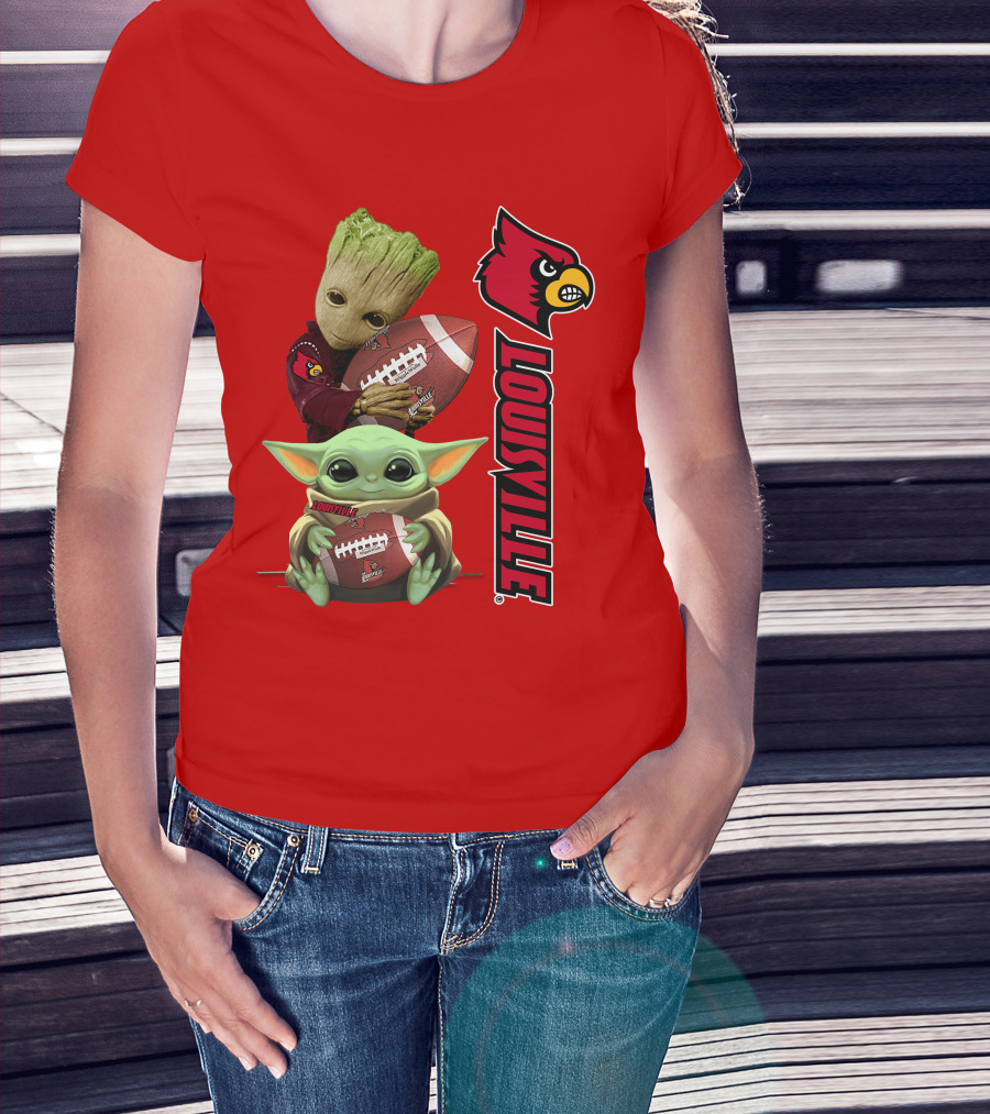 Groot Baby Yoda Holding Football Louisville Cardinals T-Shirt