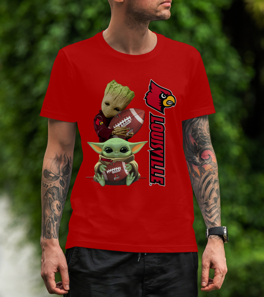 Groot Baby Yoda Holding Football Louisville Cardinals T-Shirt