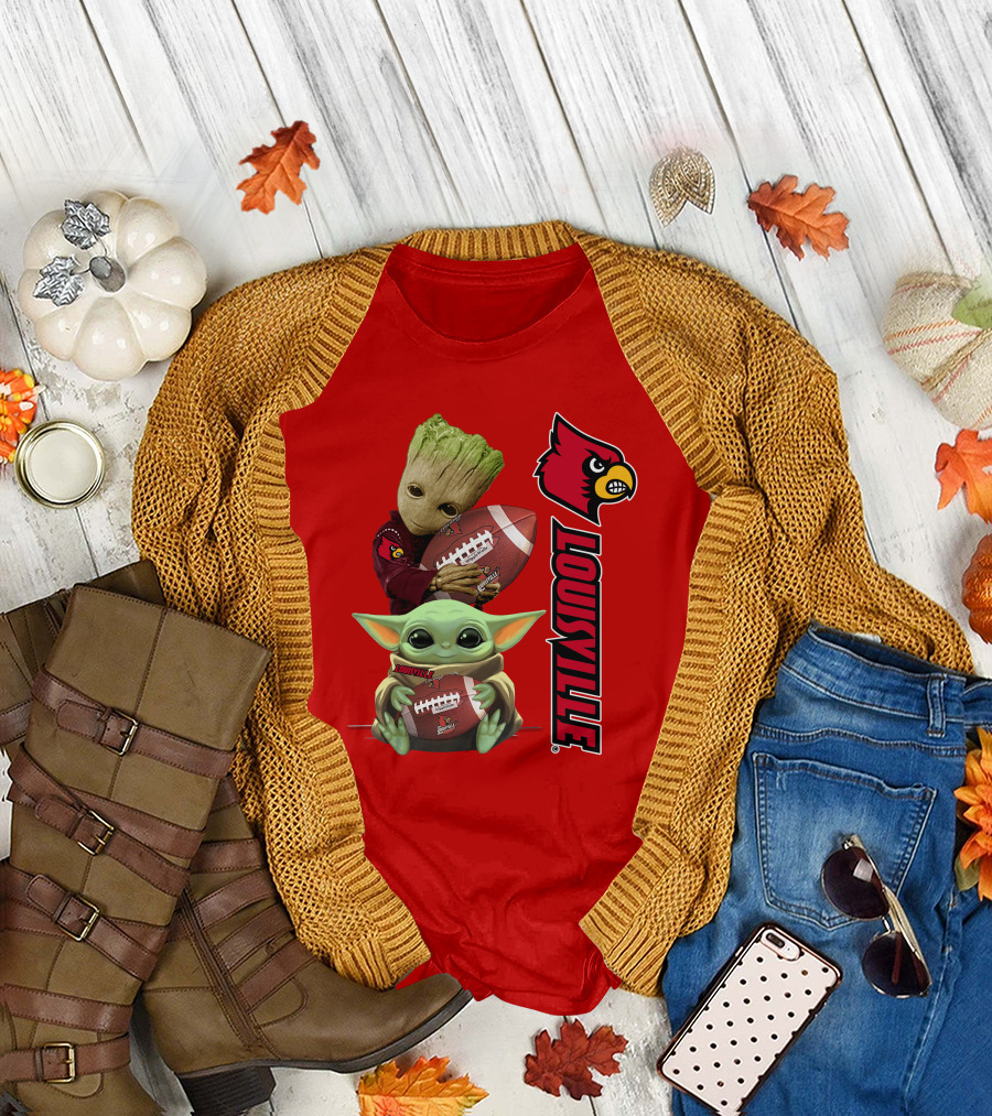 Groot Baby Yoda Holding Football Louisville Cardinals T-Shirt