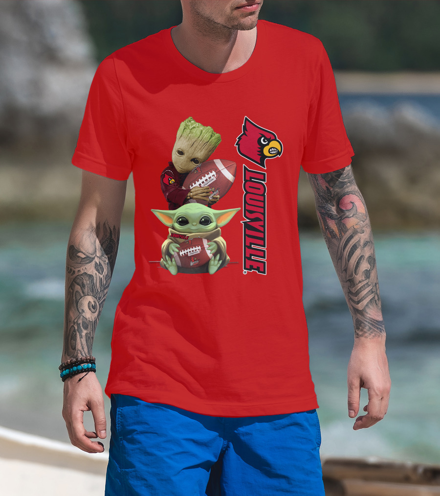 Groot Baby Yoda Holding Football Louisville Cardinals T-Shirt