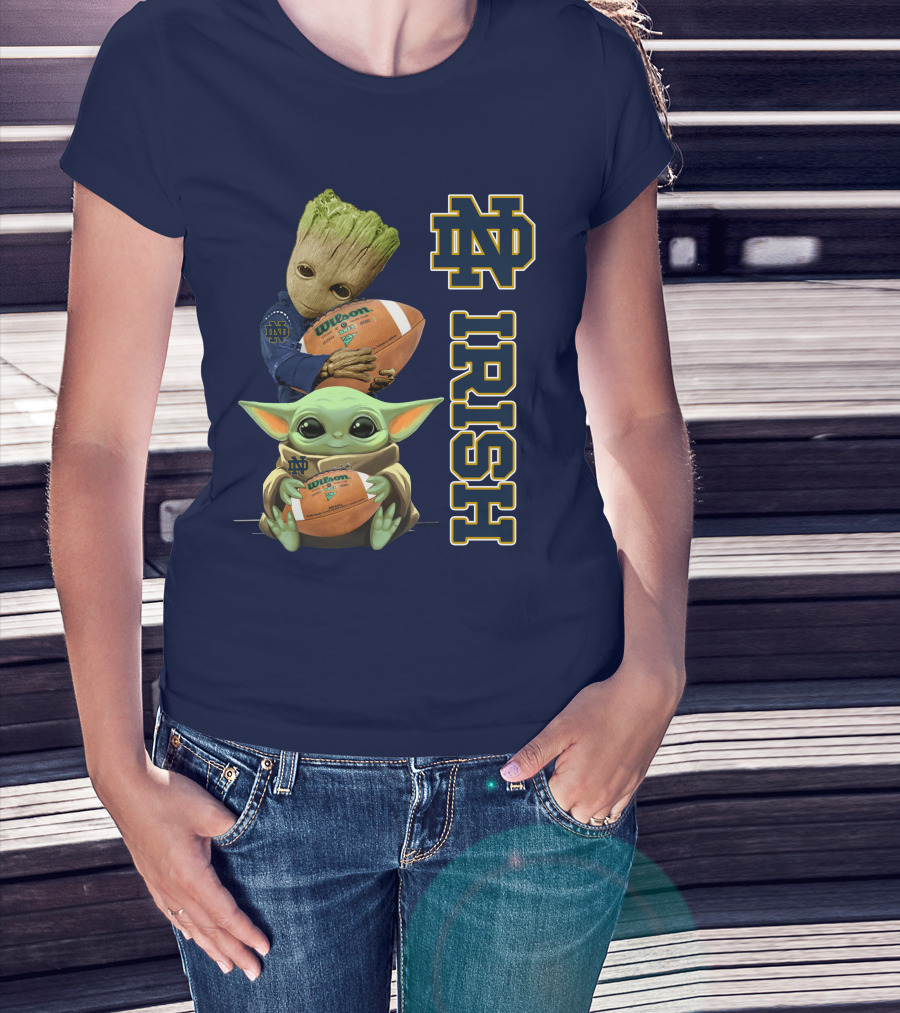 Notre Dame Irish Groot And Baby Yoda Holding Wilson Football T-Shirt