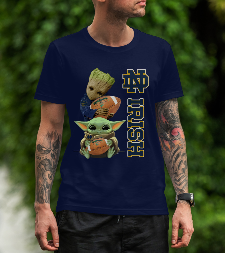 Notre Dame Irish Groot And Baby Yoda Holding Wilson Football T-Shirt
