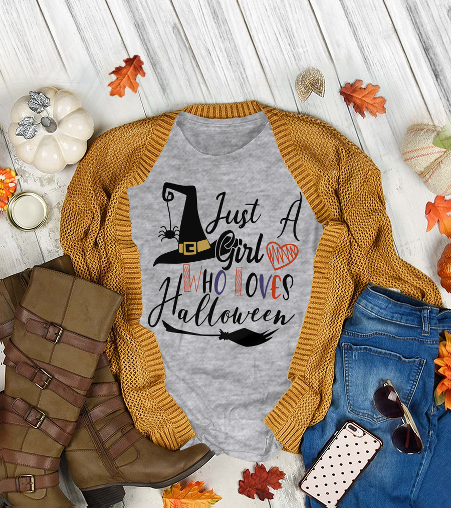 Just a Girl Who Loves Halloween Witch Hat and Broom with Spider and Heart T-Shirt