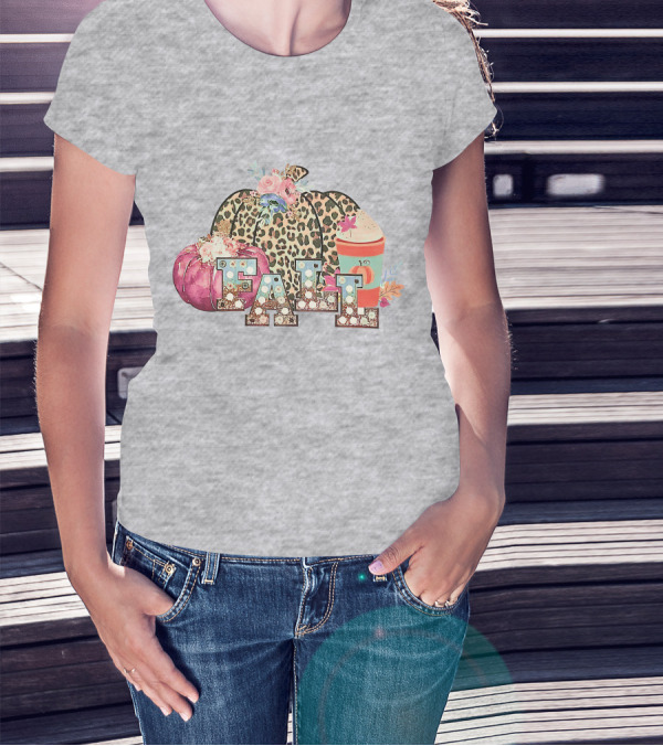 FALL Leopard Print Pumpkin With Coffee Latte And Flowers T-Shirt