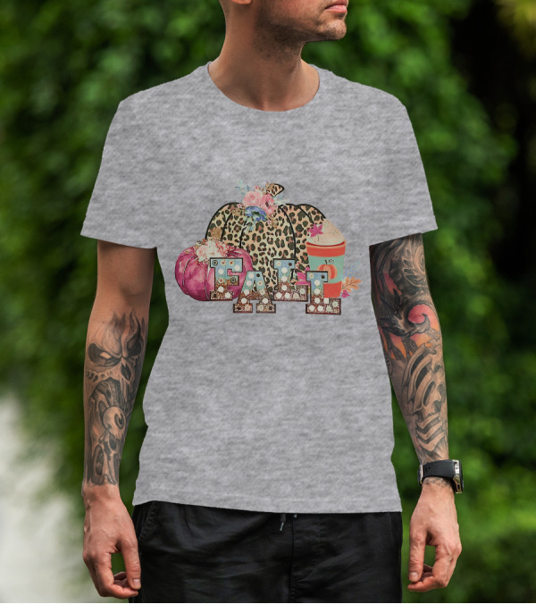 FALL Leopard Print Pumpkin With Coffee Latte And Flowers T-Shirt