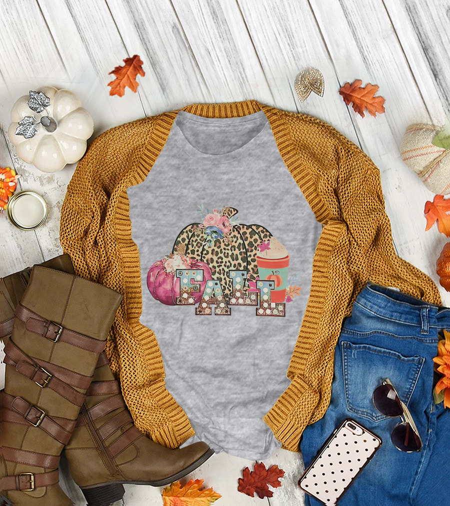 FALL Leopard Print Pumpkin with Coffee Latte and Flowers T-Shirt