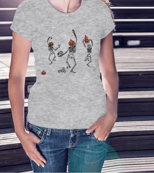 Dancing Pumpkin-Head Skeletons Halloween T-Shirt