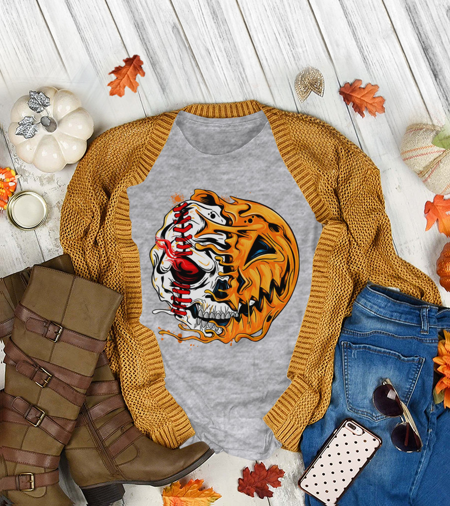 Baseball Pumpkin Skull Halloween Fusion T-Shirt