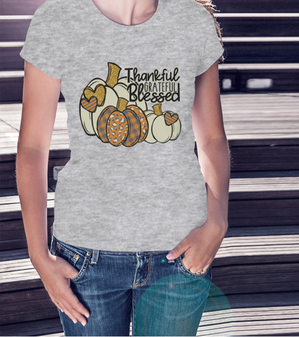 Thankful Grateful Blessed Leopard Pumpkin Thanksgiving T-Shirt