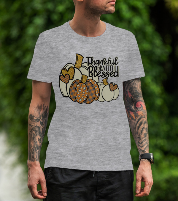 Thankful Grateful Blessed Leopard Pumpkin Thanksgiving T-Shirt