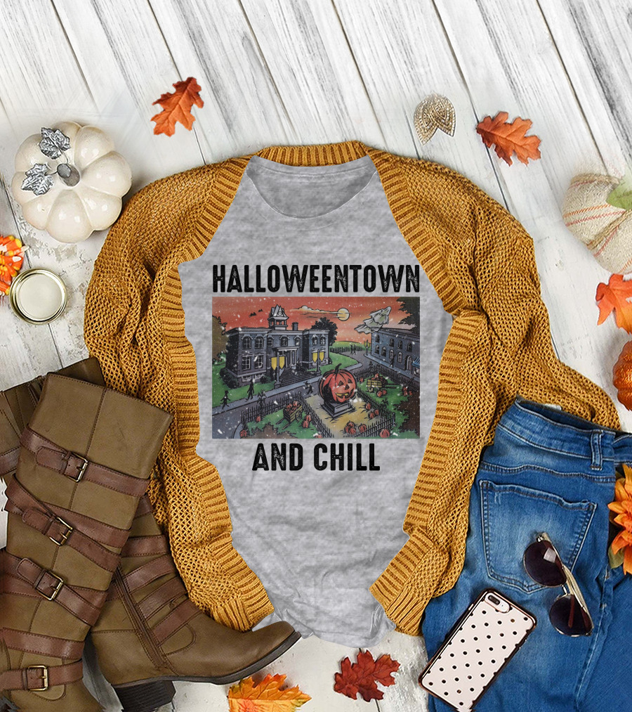 Halloweentown And Chill Spooky Town Scene with Lit Pumpkin Statue T-Shirt