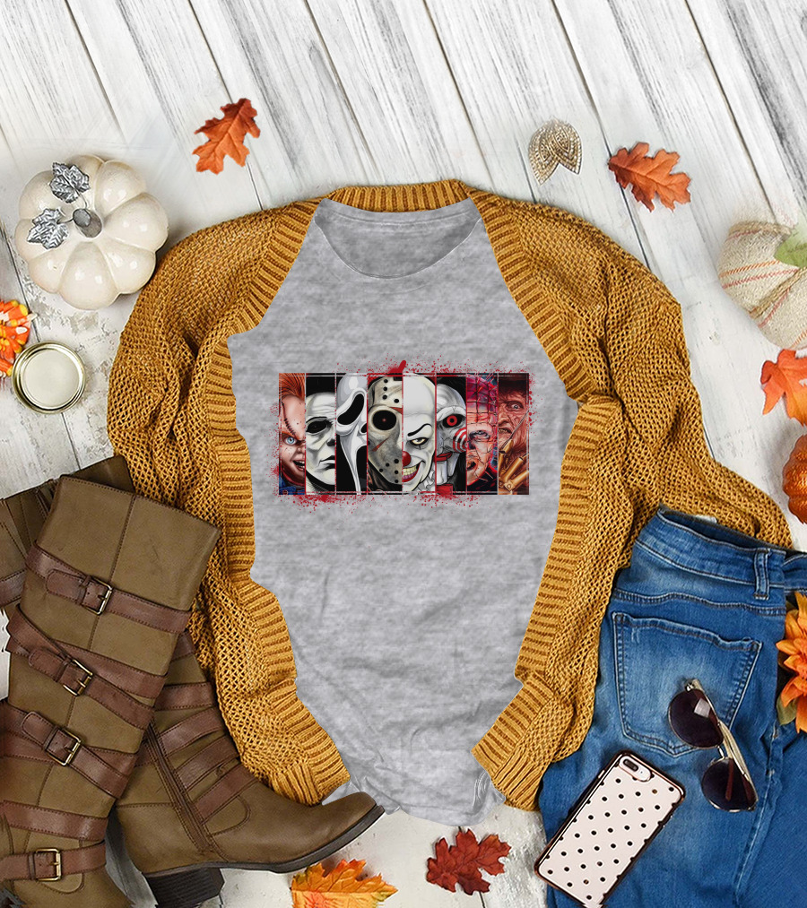 Chucky Ghostface Jason Voorhees Pennywise Jigsaw Pinhead Freddy Krueger Horror Movie Characters T-Shirt