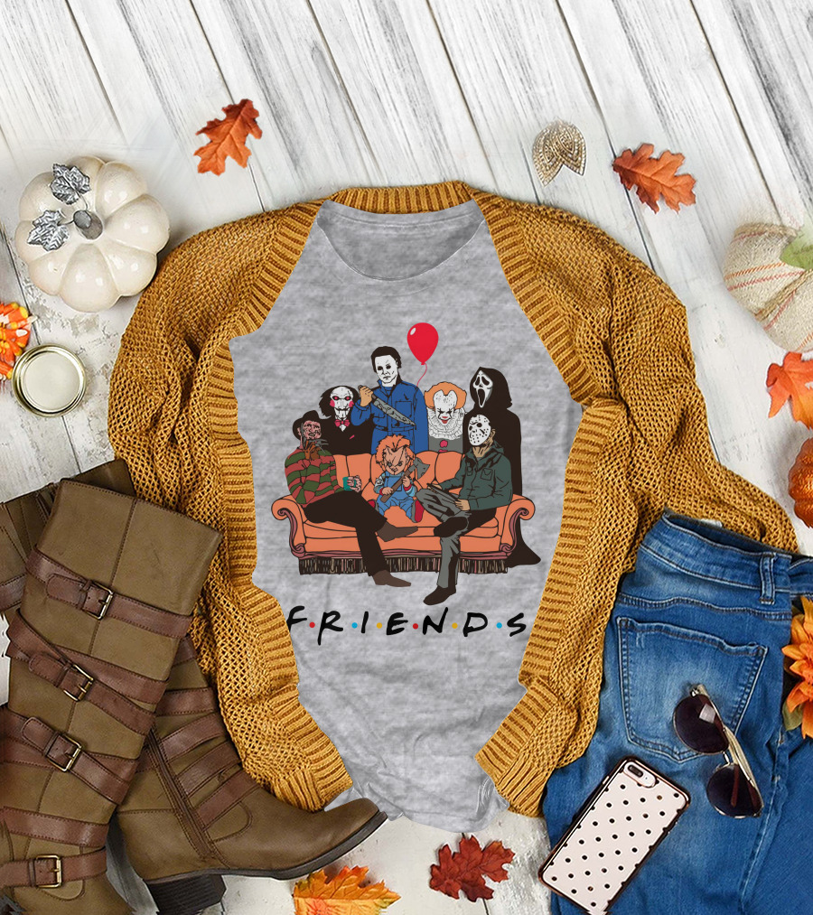 Famous Horror Movie Killers Characters Friends Sitting on Couch with Red Balloon T-Shirt