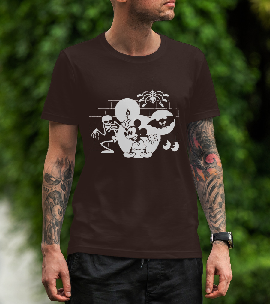 Mickey Mouse Haunted Halloween Mansion With Skeleton And Bat T-Shirt