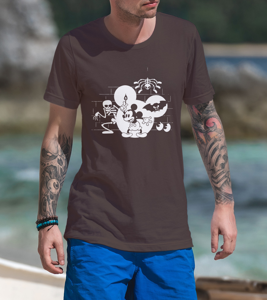 Mickey Mouse Haunted Halloween Mansion With Skeleton And Bat T-Shirt