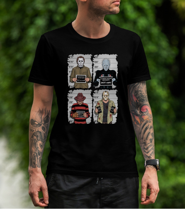 Horror Movie Characters Mugshot Haddonfield Lumber Depot Freddy Elm Street Lake Crystal T-Shirt