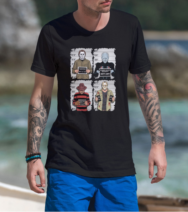 Horror Movie Characters Mugshot Haddonfield Lumber Depot Freddy Elm Street Lake Crystal T-Shirt