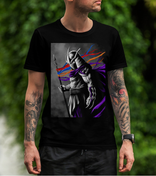 Shredder Villain With Spear And Flowing Cape In Colorful Ribbons T-Shirt