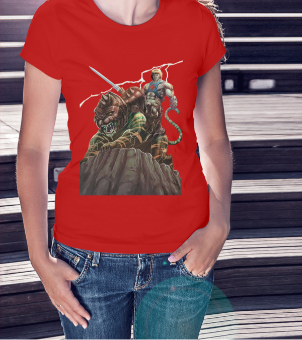 He-Man Masters Of The Universe Sword And Battle Cat On Rock With Lightning T-Shirt