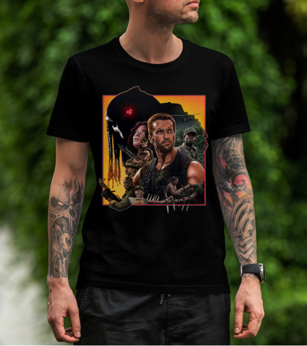 Predator Movie Characters And Jungle Battle Scene T-Shirt