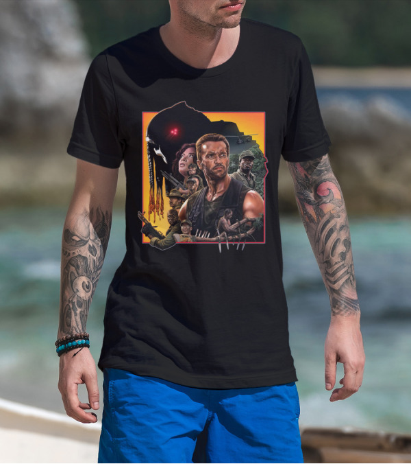 Predator Movie Characters And Jungle Battle Scene T-Shirt
