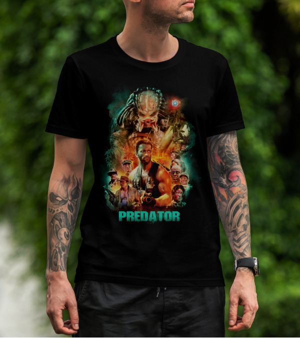 Predator Movie Collage Featuring Iconic Characters And Alien Hunter T-Shirt