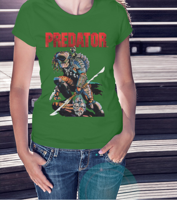 Predator Armored Warrior Kneeling With Blade And Skull Trophy T-Shirt