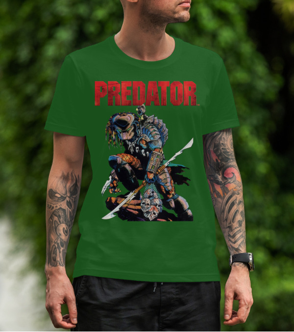 Predator Armored Warrior Kneeling With Blade And Skull Trophy T-Shirt