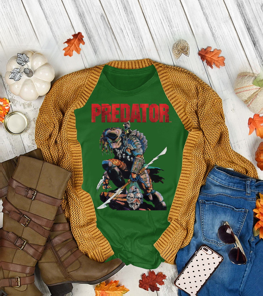 Predator Armored Warrior Kneeling with Blade and Skull Trophy T-Shirt