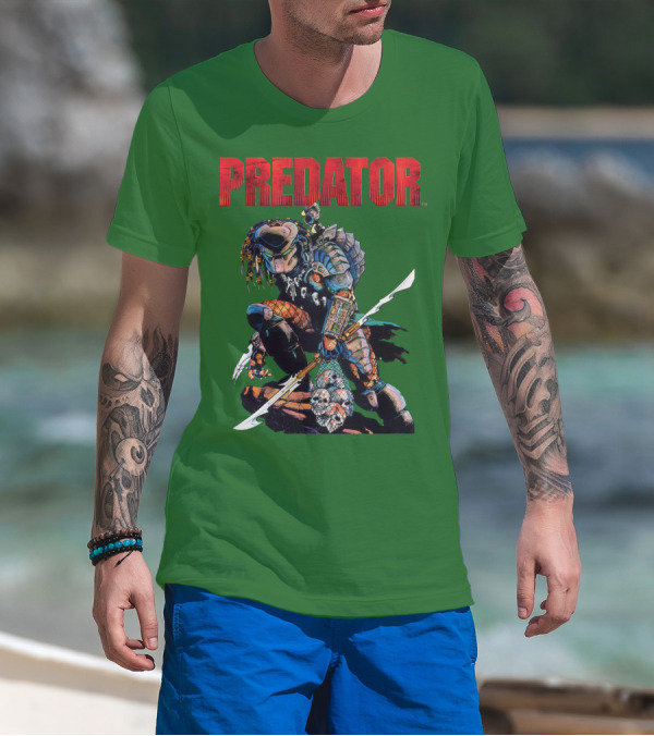 Predator Armored Warrior Kneeling With Blade And Skull Trophy T-Shirt