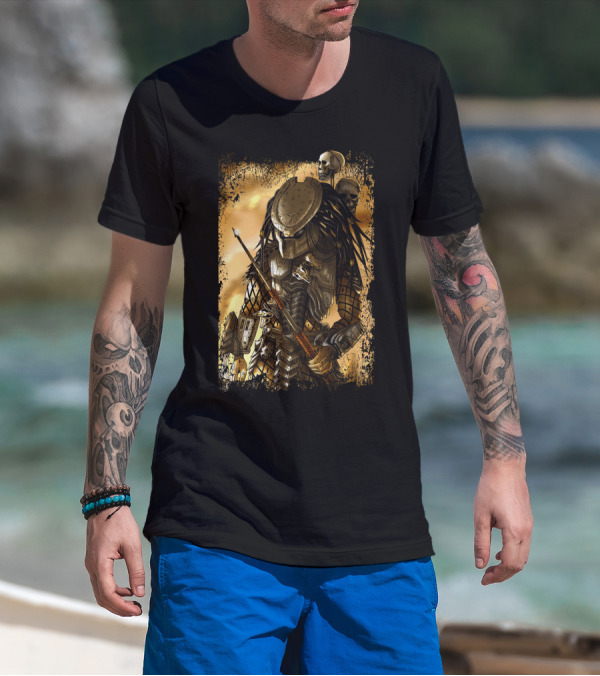 Predator Alien Warrior With Skulls And Dreadlocks T-Shirt
