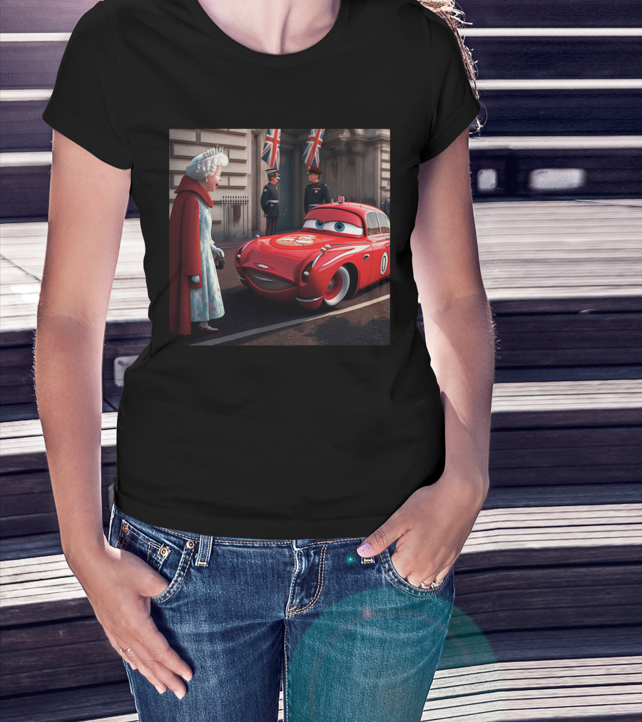 Lightning McQueen Meets Queen Of England With British Guards And Flags T-Shirt