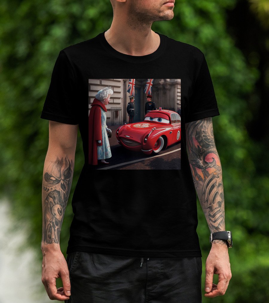 Lightning McQueen Meets Queen Of England With British Guards And Flags T-Shirt