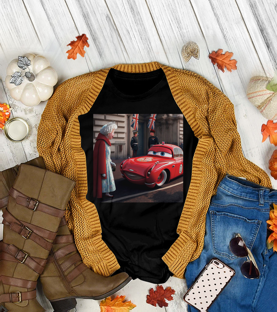 Lightning McQueen Meets Queen of England with British Guards and Flags T-Shirt